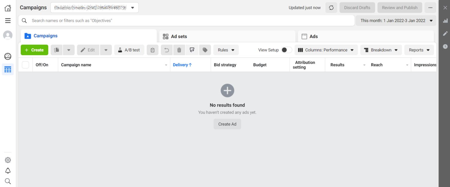 Ad manager dashboard on Facebook