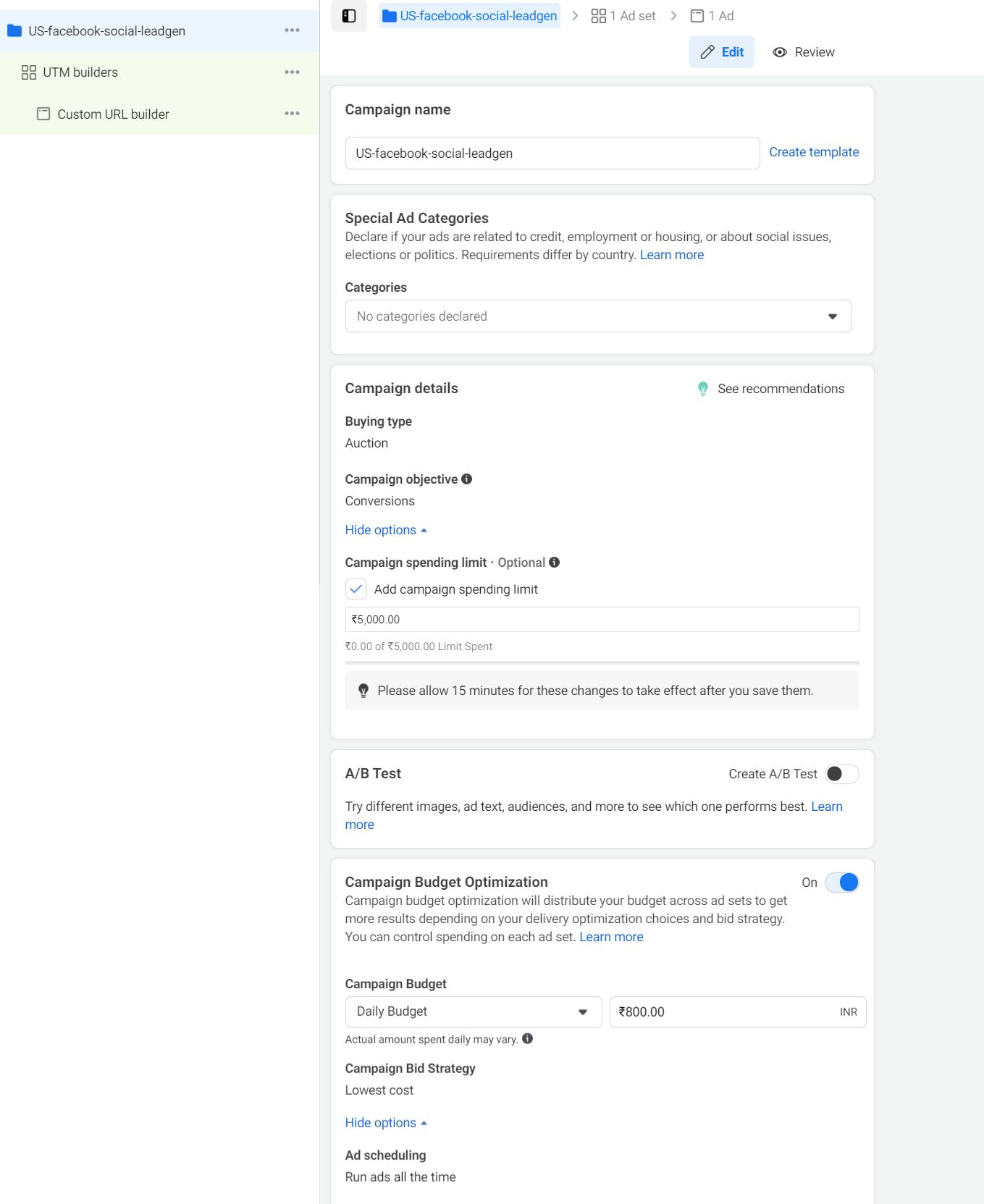 Campaign details page on Facebook