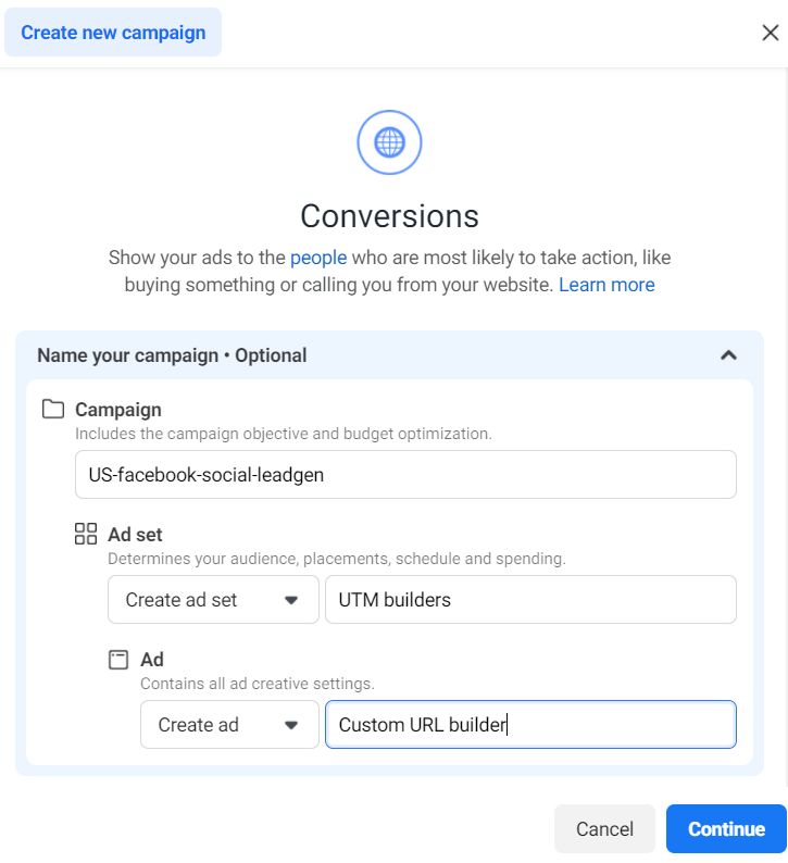 Campaign name, Ad set on Facebook