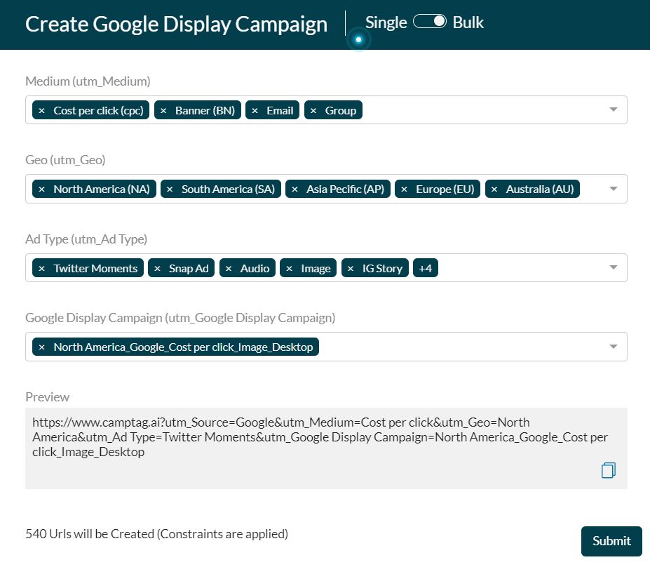 Creating URLs in bulk using CampTag
