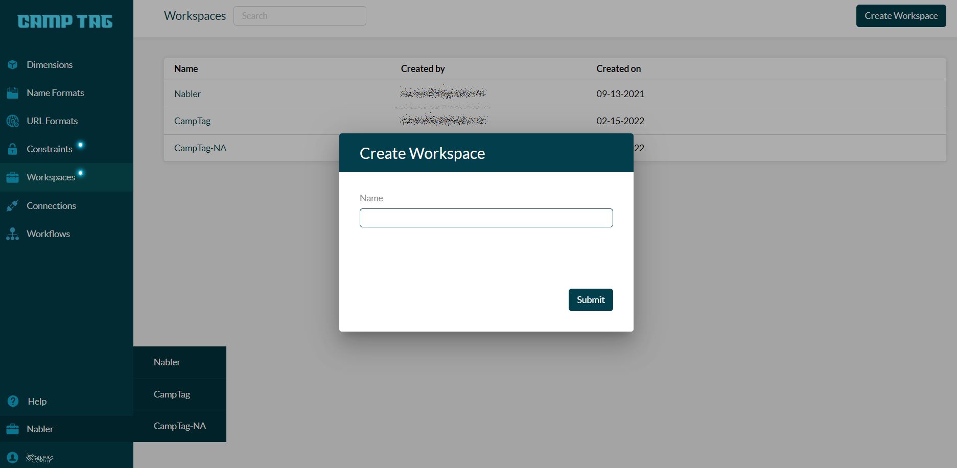 Creating new Workspaces in CampTag