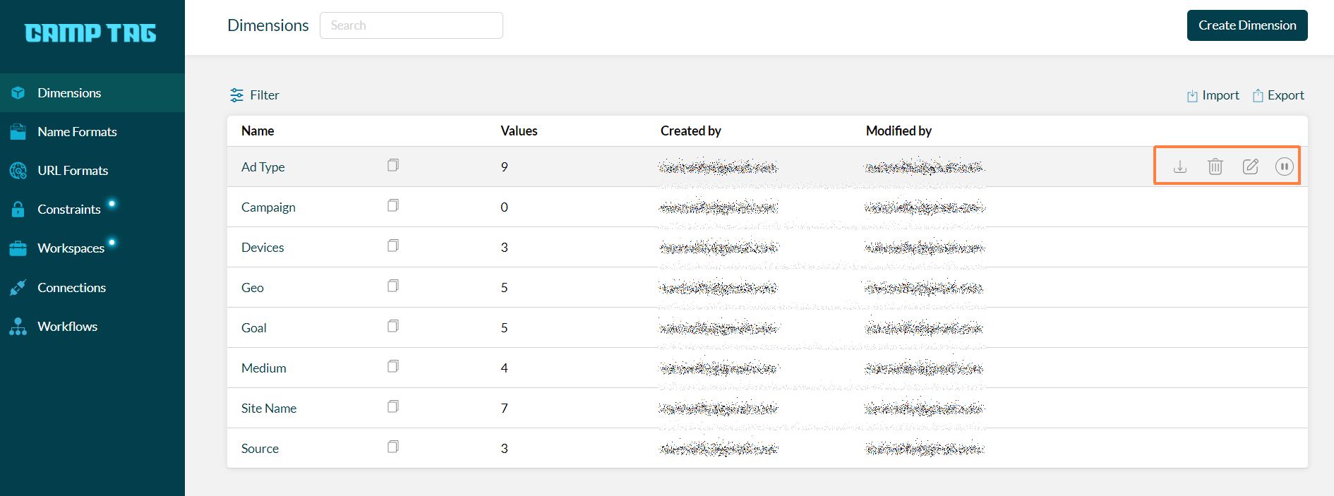 How to edit, delete or pause dimensions